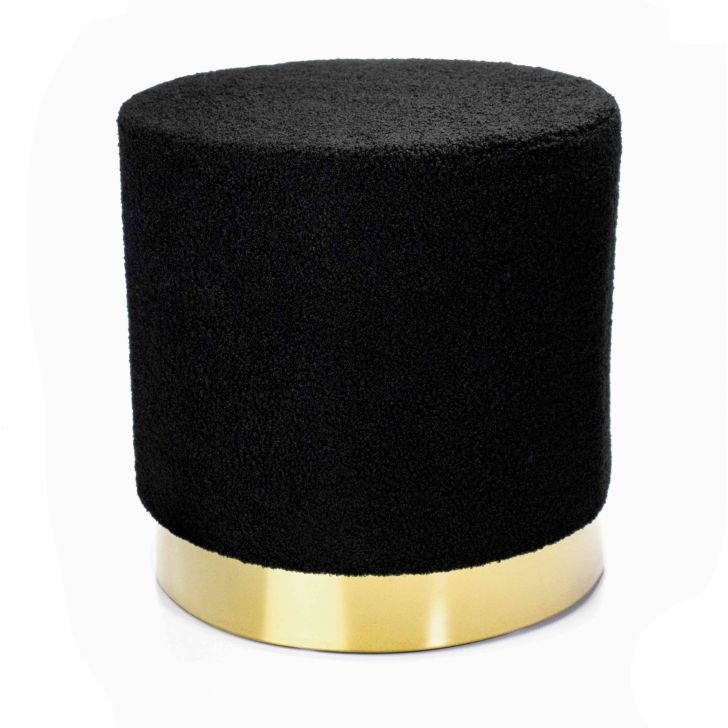 Puff Decorativo Redondo em Bouclê Preto com Detalhe Dourado na Base 40 cm - D'Rossi