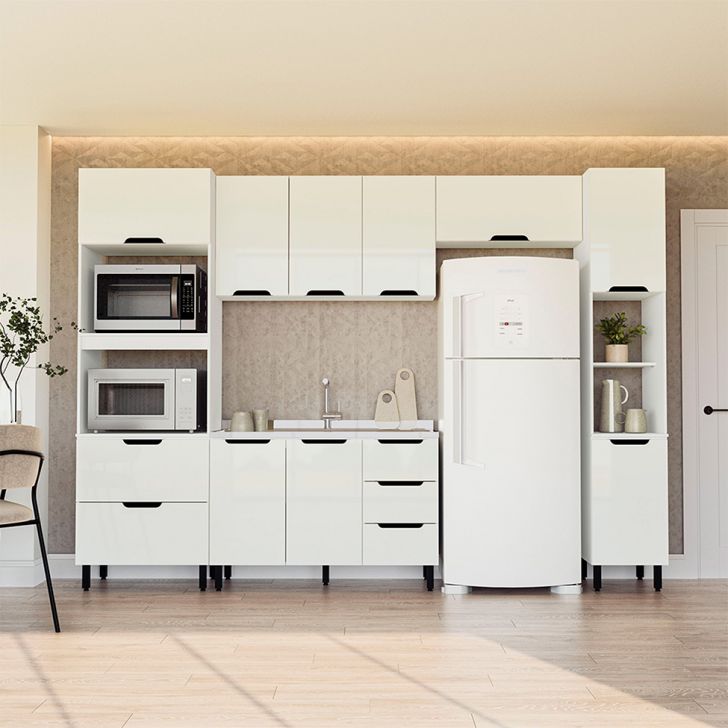 Cozinha Compacta Sem Tampo com Paneleiro Meena 10 Portas 4 Gavetas Branca