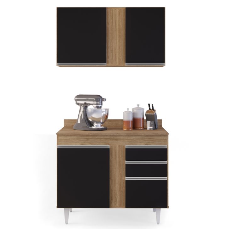 Armário Aéreo Indiana e Balcão Gabinete 100cm Luziania Castanho/Preto - Lumil Móveis