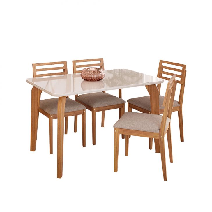 Conjunto De Mesa Retangular Com Tampo De Vidro Off White Papaia E 4 Cadeiras Juparanã Linho Bege E Cinamomo
