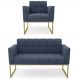 Sofá Namoradeira e 1 Poltrona Base Industrial Dourado Ana Suede Azul Marinho - Ibiza