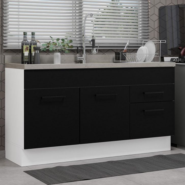 Balcão Gabinete de Pia Cozinha 150 cm 2 Portas e 2 Gavetas (Sem Tampo e Pia) Branco/Preto Agata Madesa