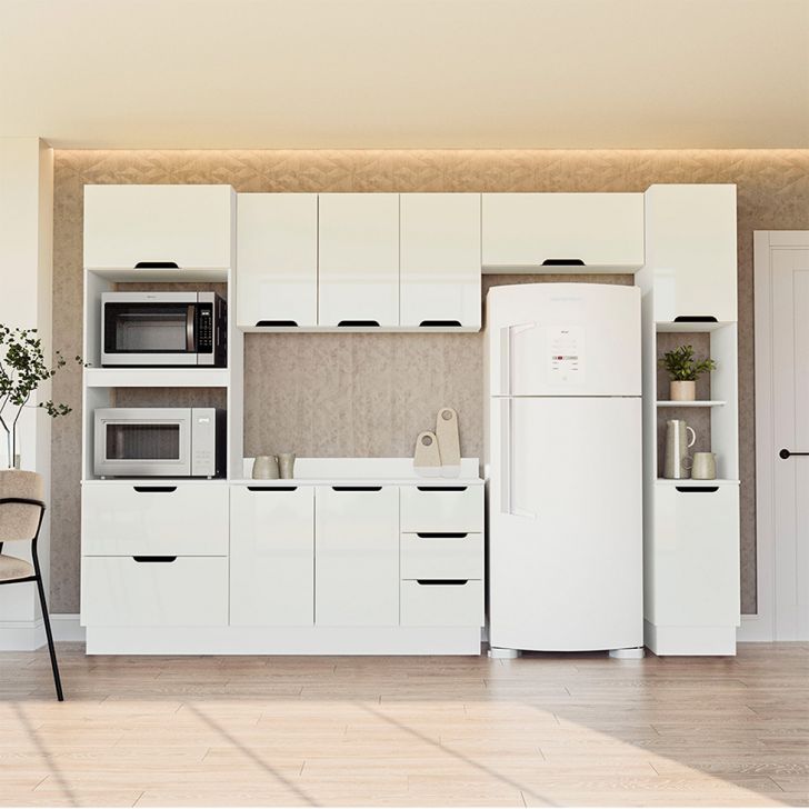 Cozinha Completa com Tampo, Paneleiro e Rodapé Meena 10 Portas 4 Gavetas Branca