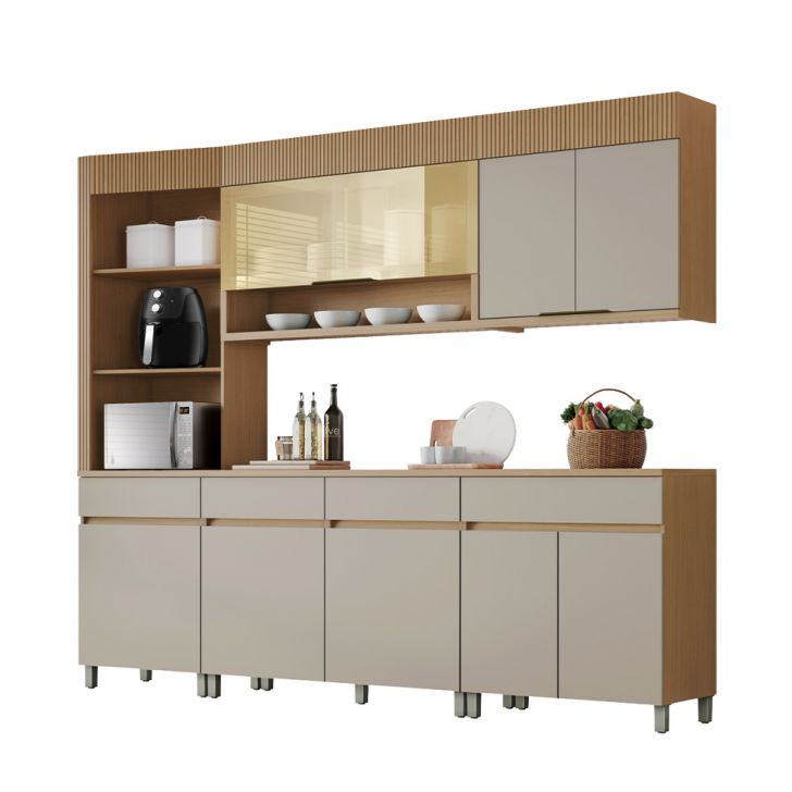 Cozinha Completa 100% MDF com Vidro Reflecta Realeza Premium 8 Portas 4 Gavetas Bege e Carvalho