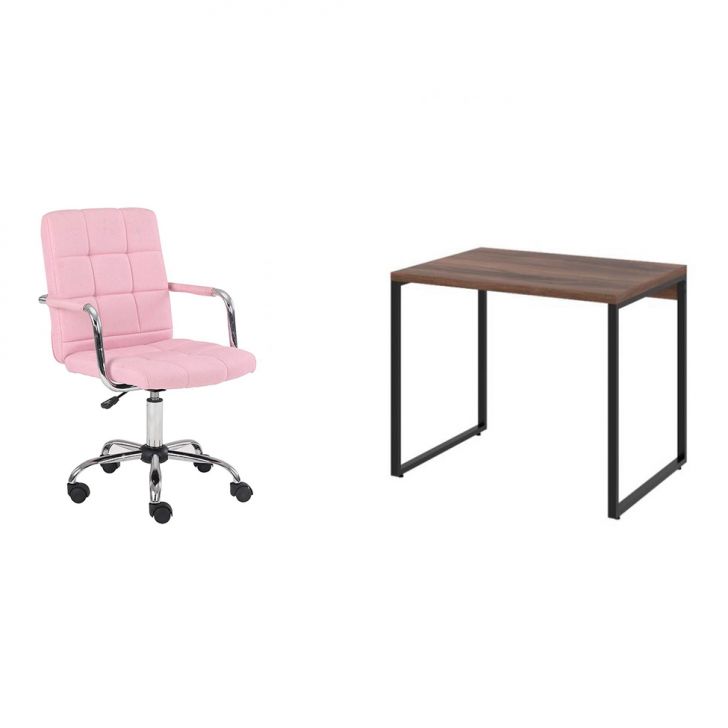 Conjunto de Mesa Kuadra Nogal com Cadeira de Escritório Secretária Giratória Fitz Rosa