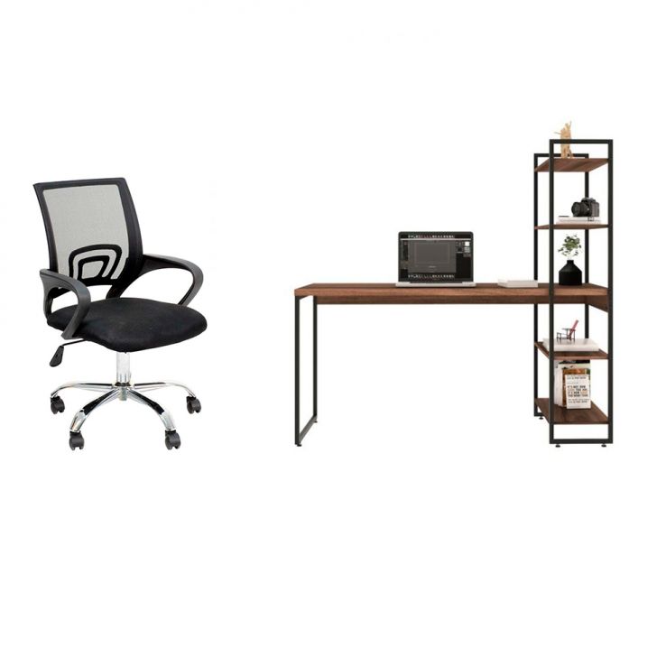 Conjunto de Mesa Studio com Estante Nogal 146 cm com Cadeira de Escritório Secretária Giratória Javix Preta