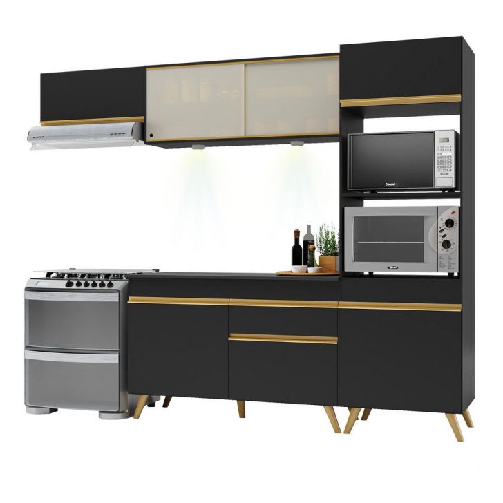 Armário de Cozinha Compacta 252cm com Leds Veneza Up Multimóveis V2016 Preto/Dourado