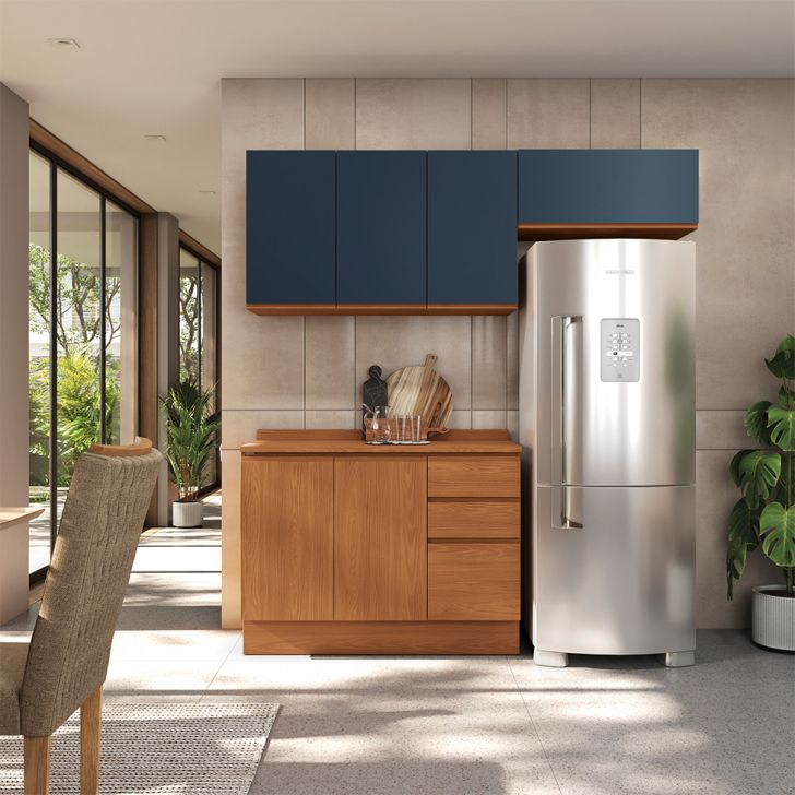 Cozinha Compacta Valence I 6 Portas 3 Gavetas Canela e Azul