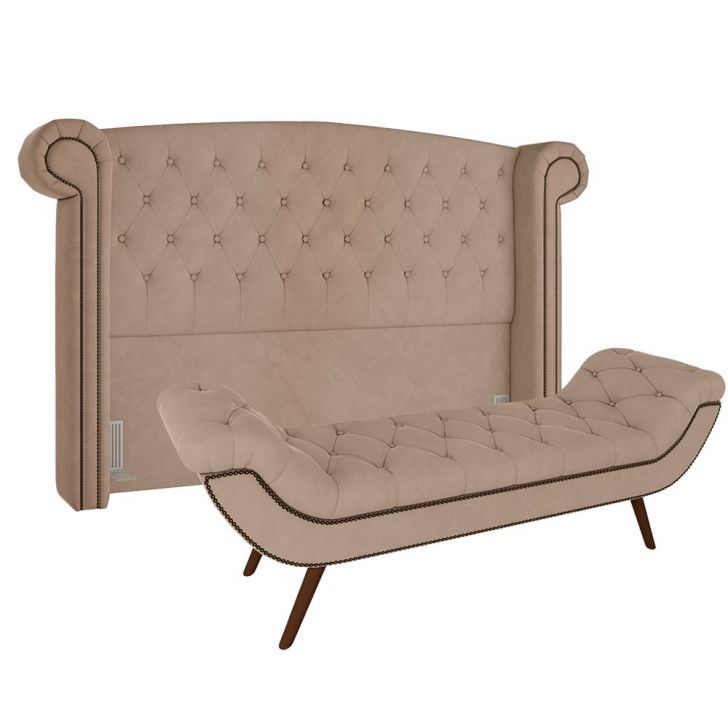 Cabeceira Cama Box Casal Queen 160cm Provença com Calçadeira Vêneto P02 Veludo Bege - Mpozenato