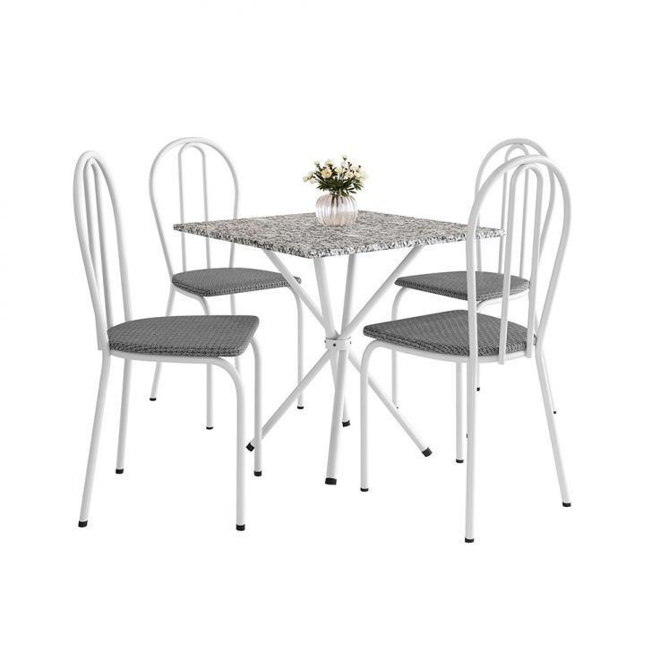 Conjunto de Mesa Quadrada com Tampo Granito e 4 Cadeiras Léia Revestimento Sintético Branco e Platina