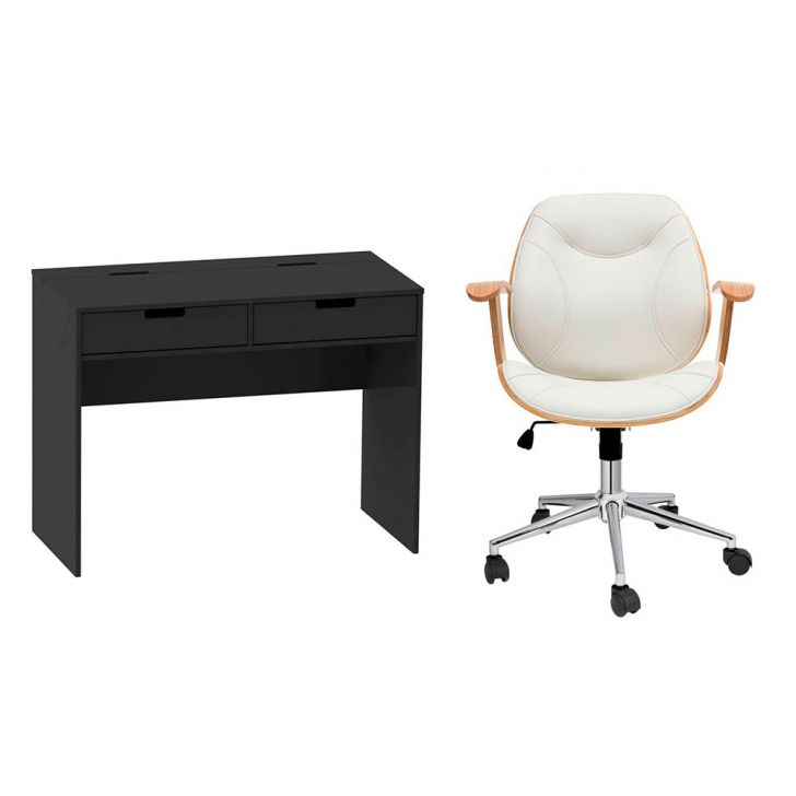 Conjunto de Mesa New Preta com Cadeira de Escritório Diretor Giratória Antonella Branca