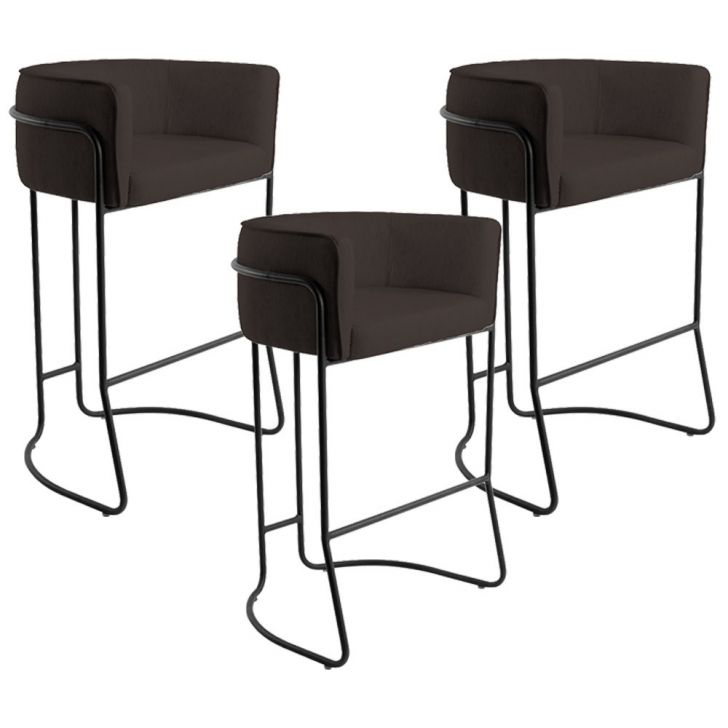 Kit 03 Banquetas Decorativas Fixa Base de Aço Preto Betina D02 Corano Marrom C-34 - Lyam Decor