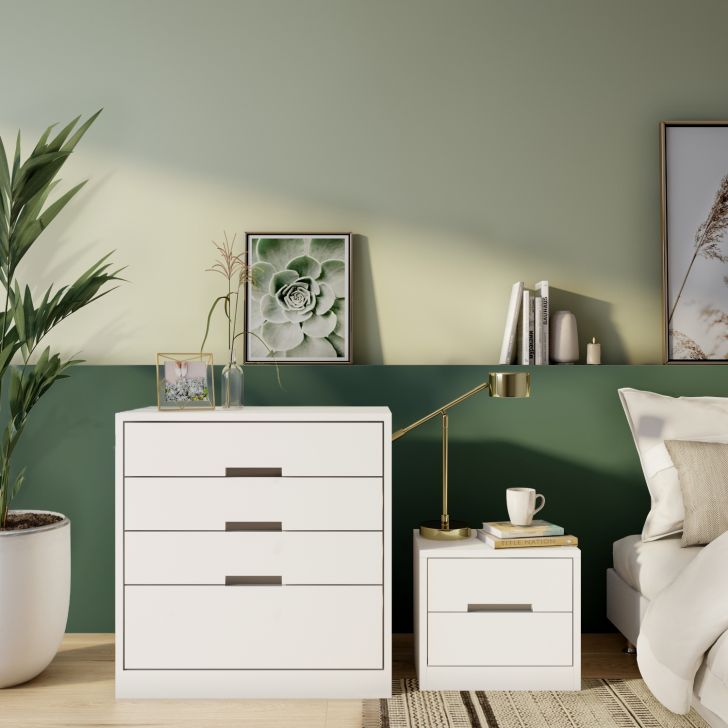 Conjunto de Cômoda Sampaoli 4Gavetas e Mesa de Cabeceira S 2 Gavetas Branca