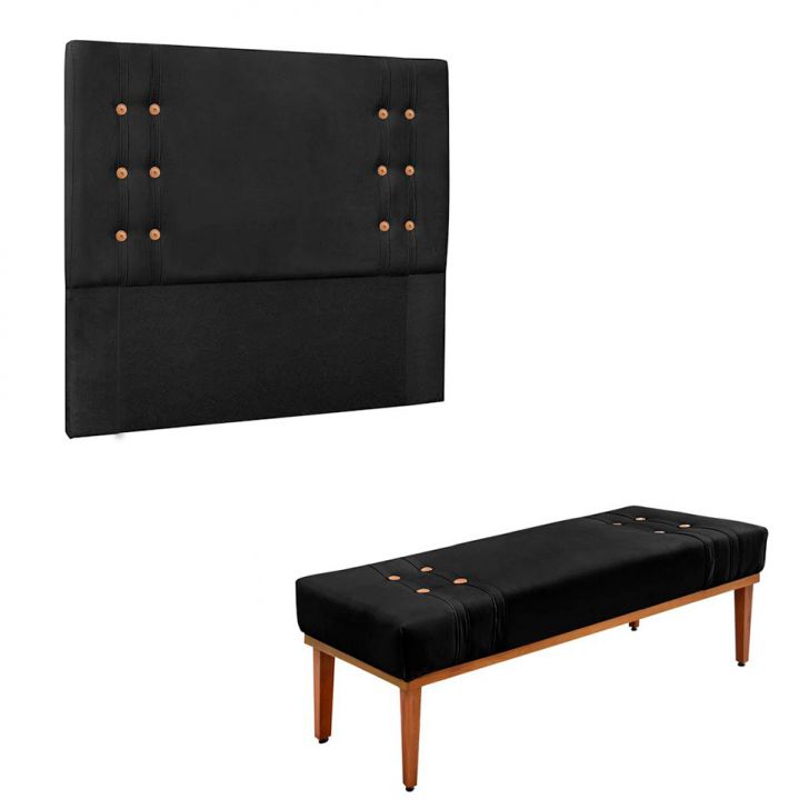 Conjunto de Cabeceira Solteiro com Recamier Gênova Suede Preto