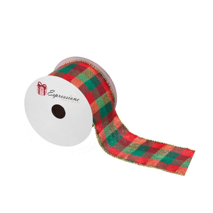 Fita Natalina Espressione Xadrez Verde, Dourada e Vermelha