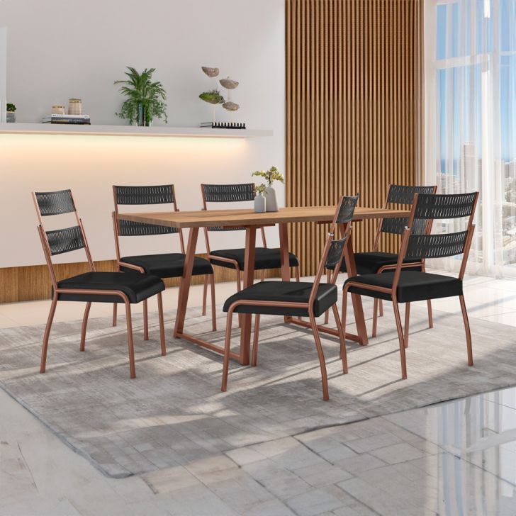 Conjunto De Mesa Retangular Com Tampo De Mdp Marrom Claro Atlanta E 6 Cadeiras Atenas Revestimento Sintético Preto E Cobre