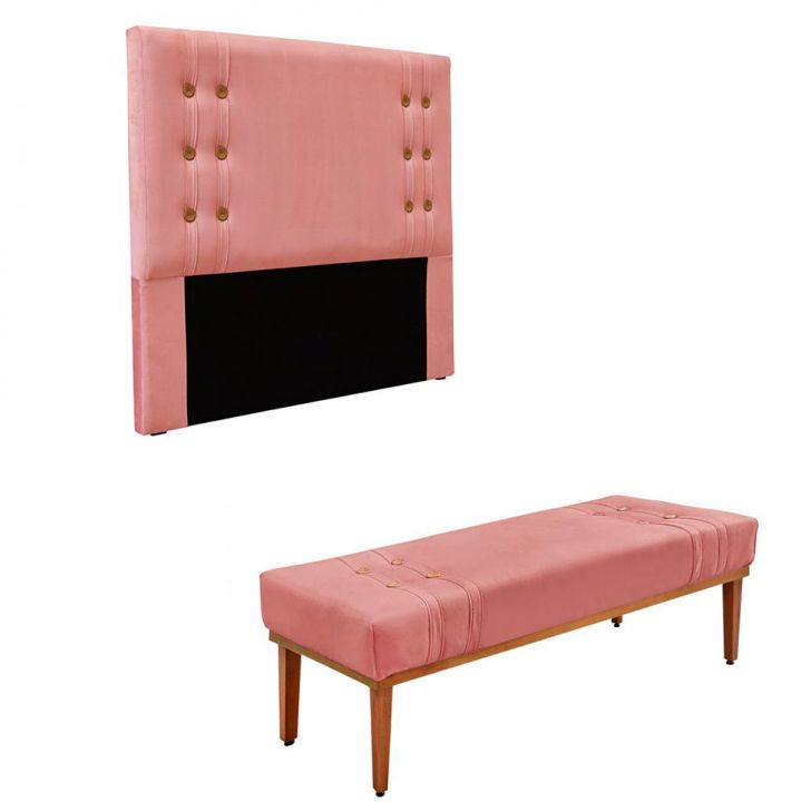Conjunto de Cabeceira Solteiro com Recamier Gênova Veludo Rosa