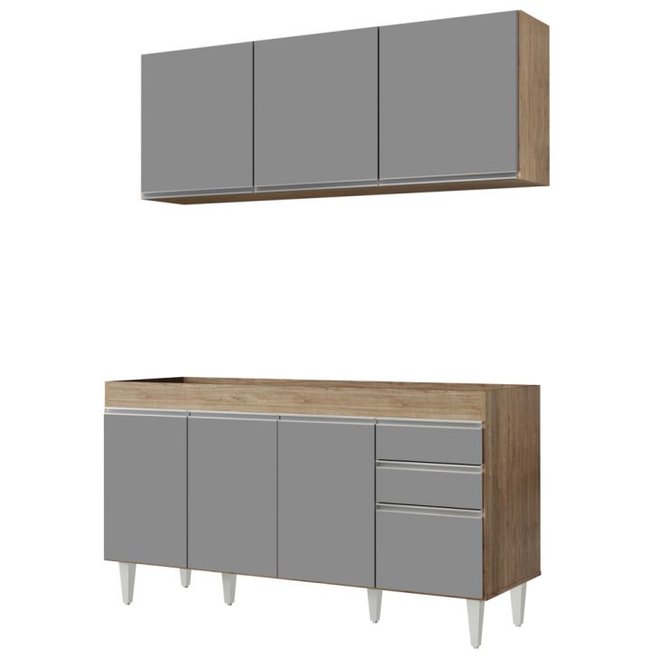 Armário Aéreo Argélia e Balcão Gabinete Para Pia 150cm sem Tampo Marrocos Castanho/Cinza - Lumil Móveis