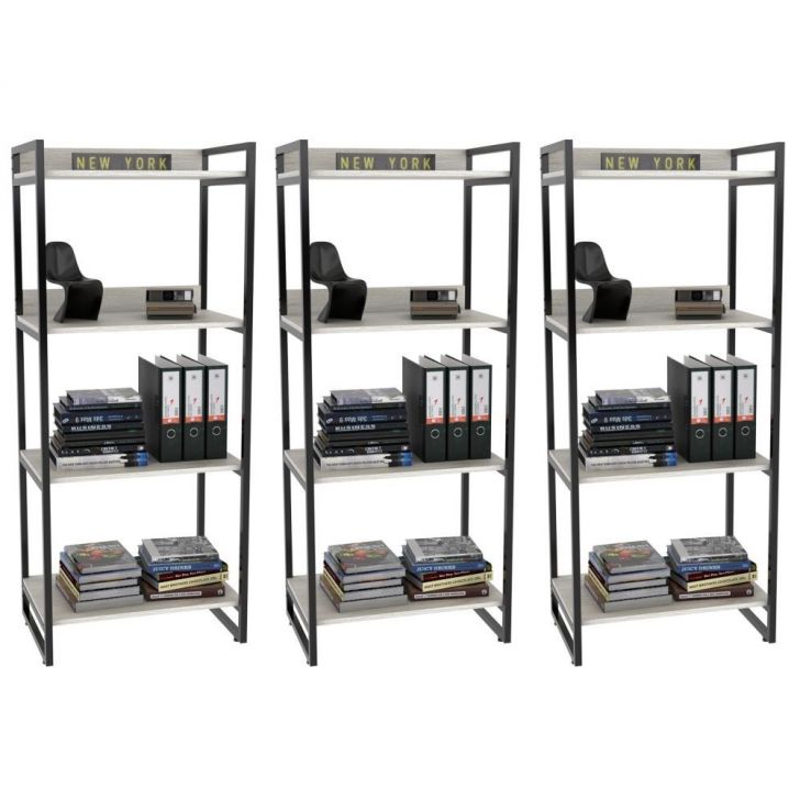 Kit 3 Estante Livreiro Multiuso Prisma Estilo Industrial 60cm 4 Prateleiras C08 Snow - Mpozenato