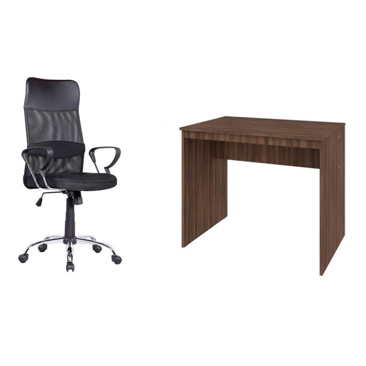 Conjunto de Mesa Office Nogal com Cadeira de Escritório Diretor Giratória Vancouver Preta