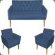 Kit Namoradeira + 2 Poltronas Decorativas Para Sala Nina Base Capitonê Suede Azul Marinho Pé Castanho - Clique E Decore