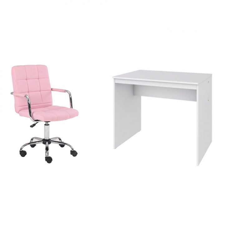 Conjunto de Mesa Office Branca com Cadeira de Escritório Secretária Giratória Fitz Rosa