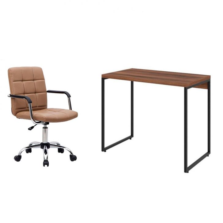 Conjunto de Mesa Studio Nogal com Cadeira de Escritório Secretária Giratória Fitz Marrom