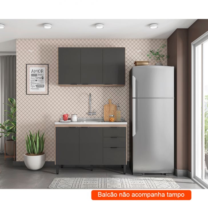 Cozinha Compacta Firenze I 6 Portas 2 Gavetas Avena e Grafito