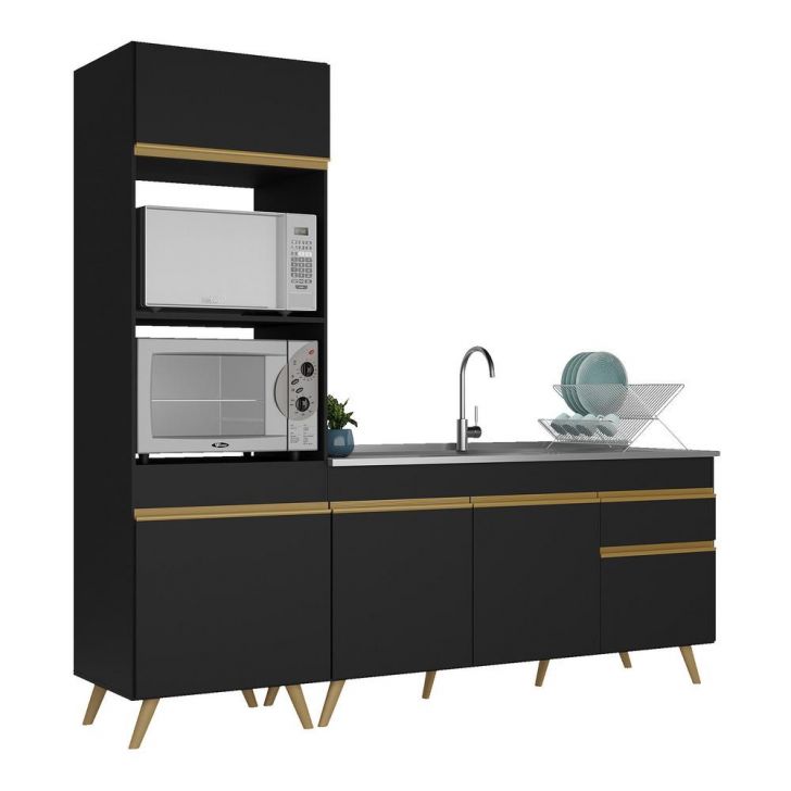 Armário de Cozinha Compacta 212cm Veneza Multimóveis V2078 Preto/Dourado