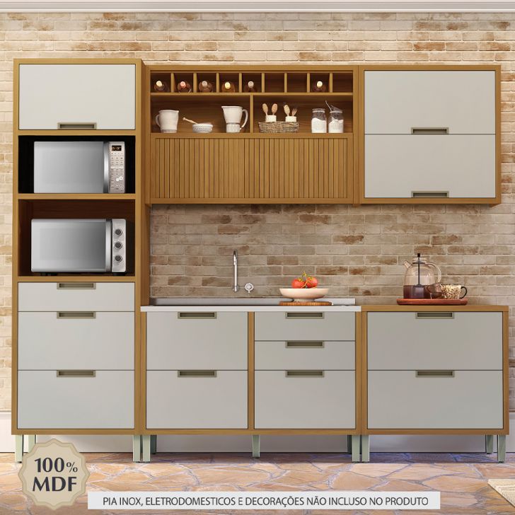 Cozinha Compacta Imperatriz 6 Portas 8 Gavetas Freijó e Off White