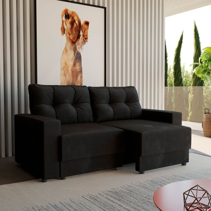 Sofá 3 Lugares Retrátil Lubeck Suede Preto 180 Cm