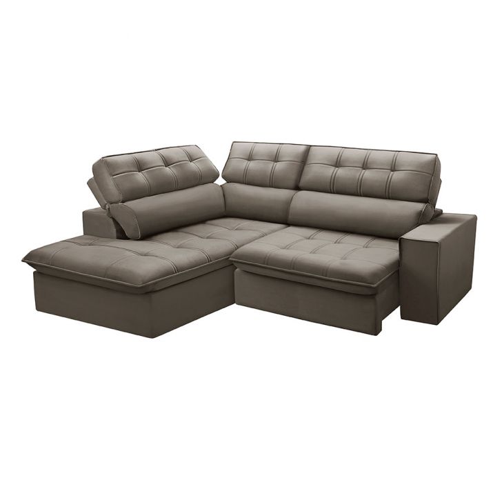 Image of Sofá 4 Lugares Retrátil E Reclinável Arezzo Com Chaise Esquerdo Veludo Castor PLA-FE691UP92DVBMOB