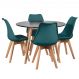 Mesa jantar cozinha redonda 100 cm + 4 cadeiras estofadas Leda Mesa preto com cadeiras verde escuro