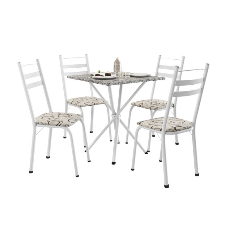 Conjunto De Mesa Quadrada Com Tampo Granito E 4 Cadeiras Léia Revestimento Sintético Cedro E Branco