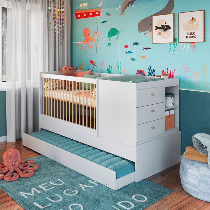 Berço Multifuncional com Cama Auxiliar Cristal 3 GV Branco