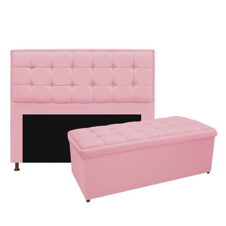 Kit Cabeceira e Calçadeira Copenhague 195 cm King Size Suede Rosa Bebê - Amarena Móveis