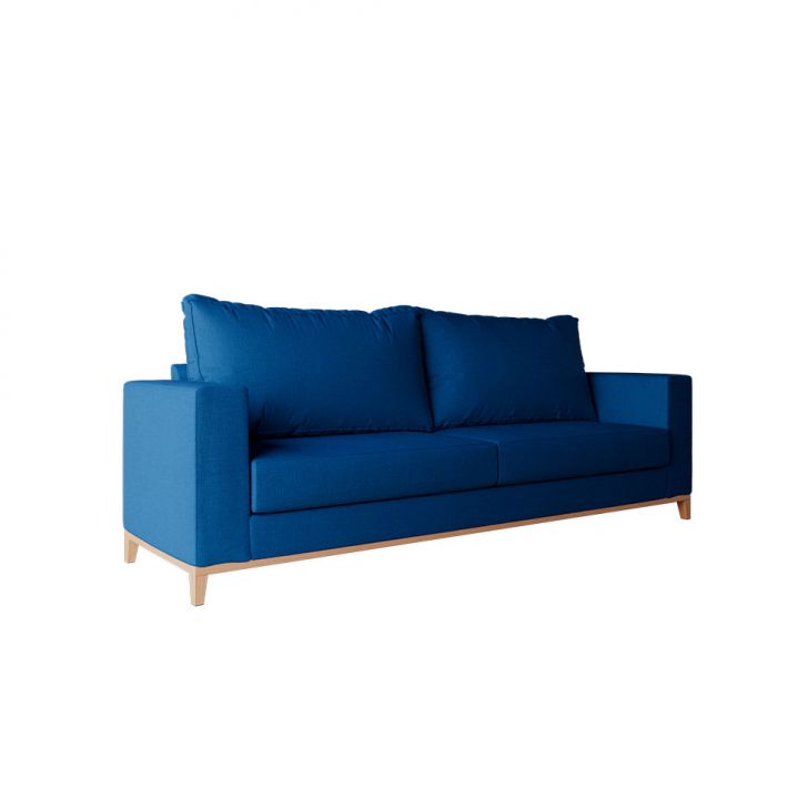 Sofá 3 Lugares Davos Base De Madeira Linho Cotton Azul Marinho