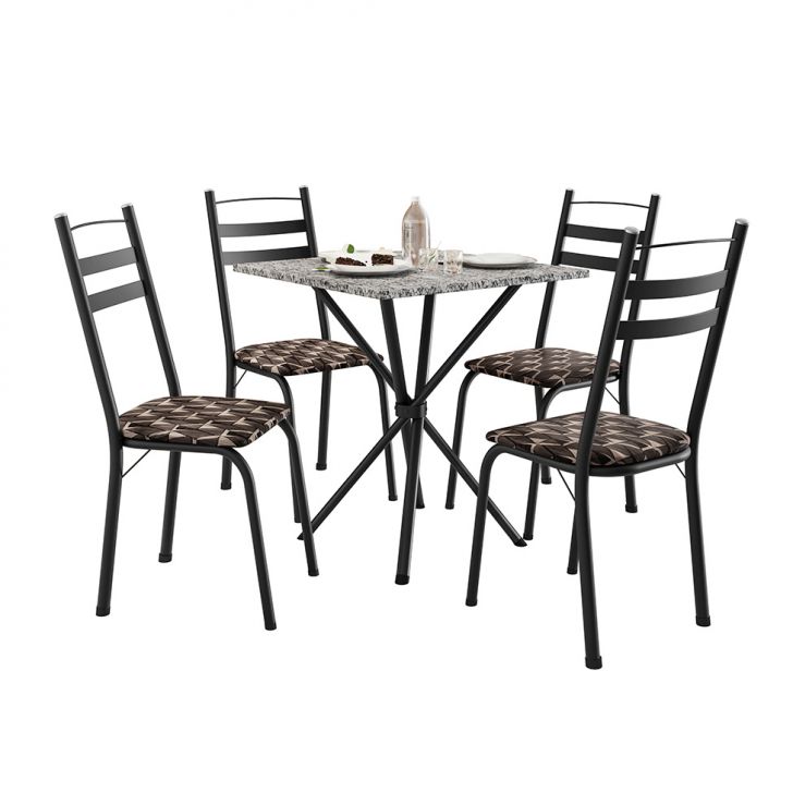 Conjunto de Mesa Quadrada com Tampo Granito e 4 Cadeiras Léia II Revestimento Sintético Preto e Palha