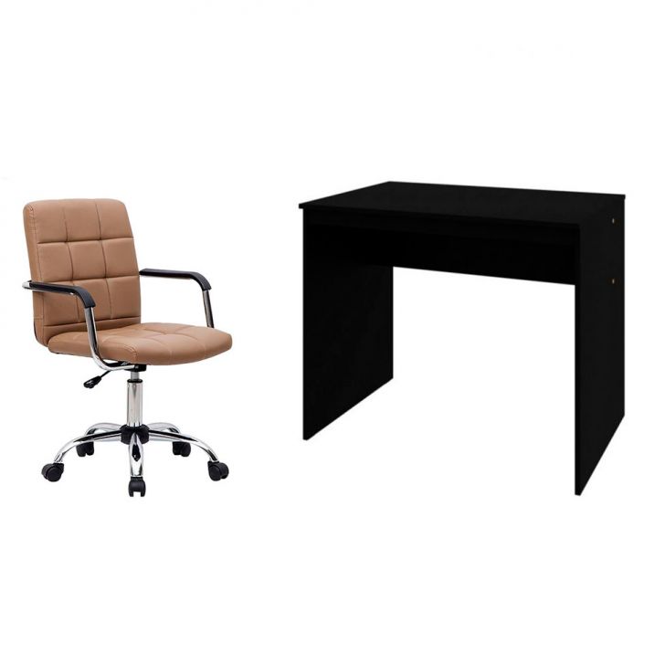 Conjunto de Mesa Office Preta com Cadeira de Escritório Secretária Giratória Fitz Marrom