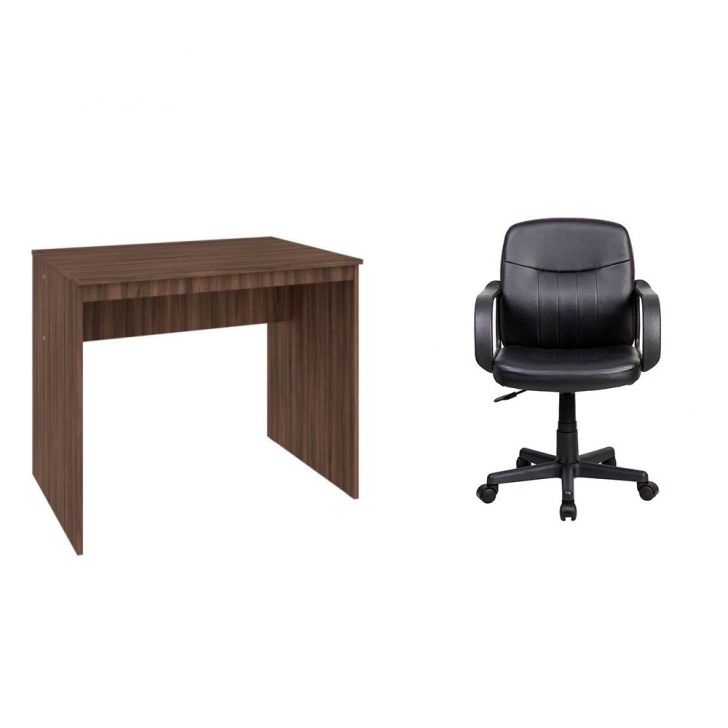 Conjunto de Mesa Office Nogal com Cadeira de Escritório Secretária Giratória Clean Preta