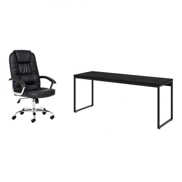 Conjunto de Mesa Studio 180 cm com Cadeira de Escritório Presidente Giratória com Relax Finland Preta