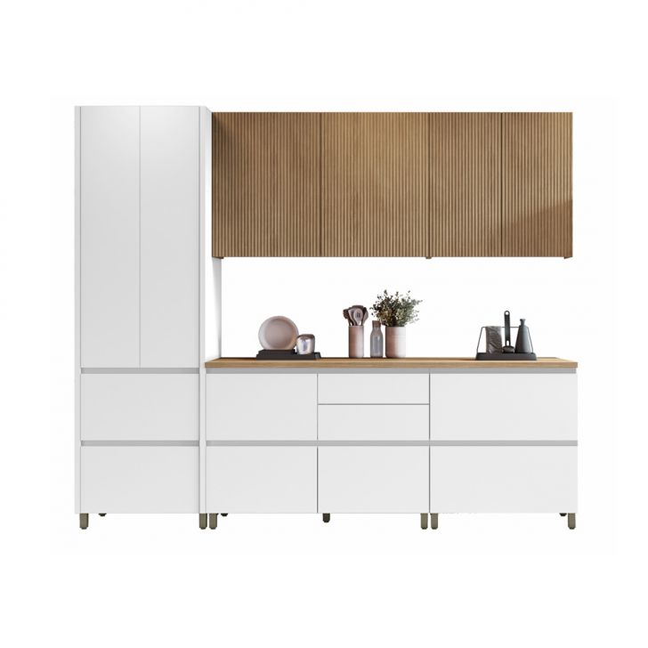 Cozinha Compacta Rainha 100% MDF 8 Portas 7 Gavetas Branca e Nature