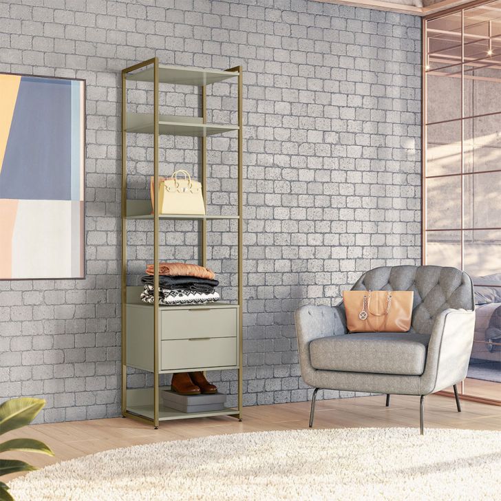 Guarda-roupa Closet Industrial Mital 2 Gavetas Off White E Dourado 54 Cm