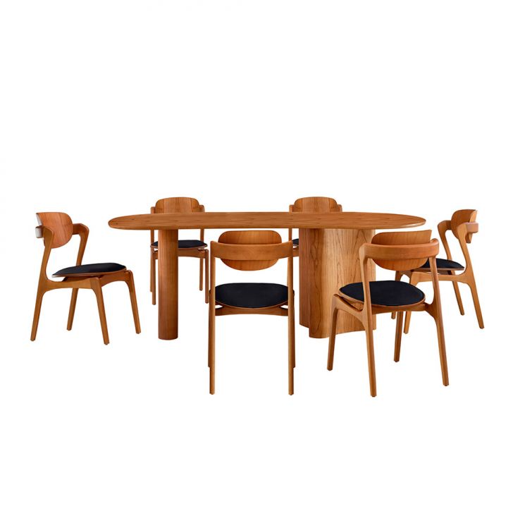 Mesa De Jantar Orgânica Savana Com Tampo Laminado E 6 Cadeiras Savana Gold Linho Preto E Imbuia Natural