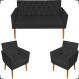 Kit Namoradeira + 2 Poltronas Decorativas Para Sala Nina Com Base E Capitonê Suede Preto Pé Castanho