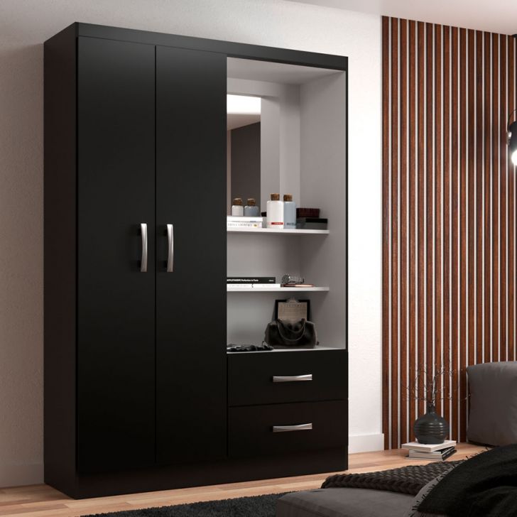 Guarda-roupa Solteiro Com Espelho Capelinha 2 Portas 2 Gavetas Preto