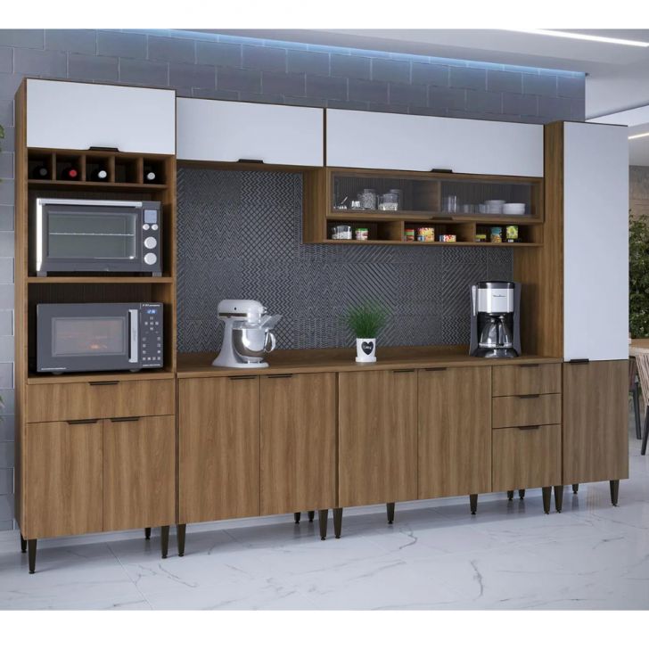 Cozinha Completa Paris 12 Portas 4 Gavetas Nogal e Branca