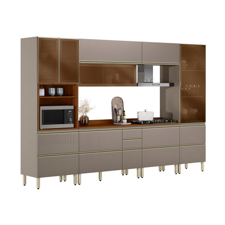 Armário de Cozinha Compacta com 4 Vidros Reflecta Proença 8 Portas 9 Gavetas Nude e Nogueira