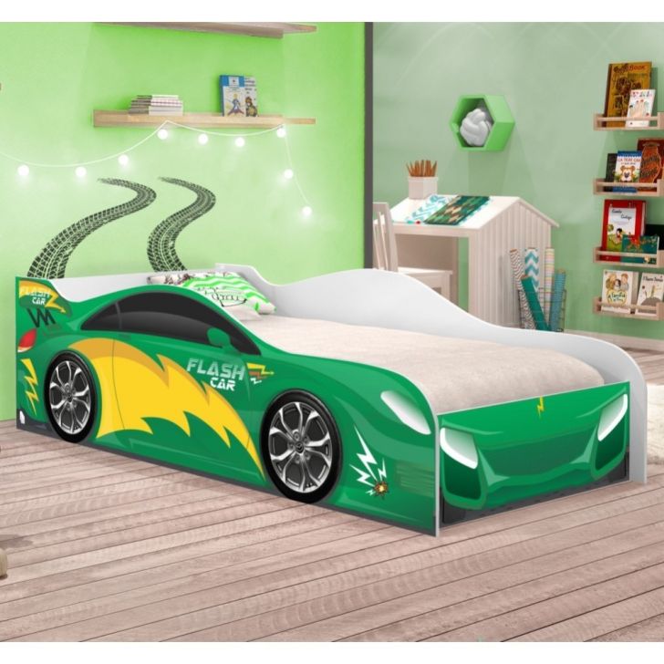 Cama Carro Infantil Raios Verde com Colchão