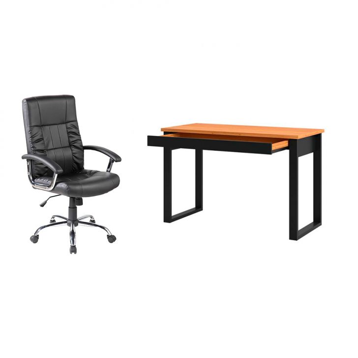 Conjunto de Mesa Anah 1 GV Freijó com Cadeira de Escritório Presidente Giratória com Relax Office Plus Preta